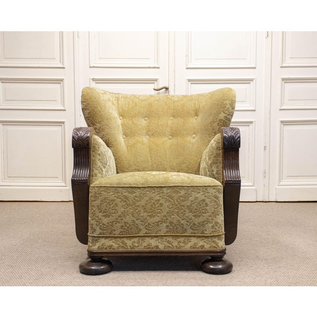 Vintage Swedish Wingback Chair with Golden Velvet and Carved Oak Armrests, 1920s For Sale - Image 9 of 12