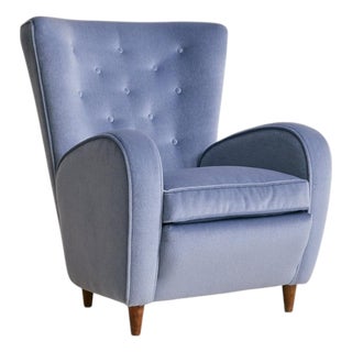 Italian Cornflower Blue Velvet Lounge Chair in the Manner of Paolo Buffa, 1950s For Sale