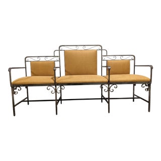 Art Deco Upholstered Wrought Iron Bench For Sale