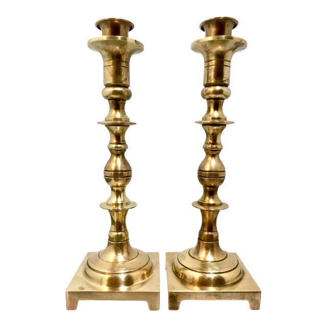 Pair of Solid Brass Candlesticks + Candle Followers For Sale