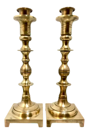 Pair of Solid Brass Candlesticks + Candle Followers