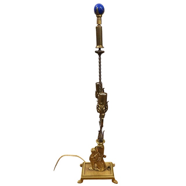 1930 Hollywood Regency Cast Bronze Scrolling Griffin Table Lamp W/ Lamp Shade For Sale - Image 9 of 11