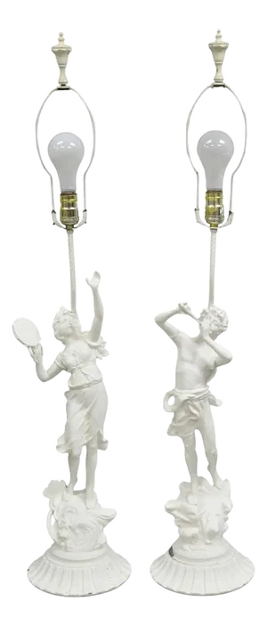 Antique French Renaissance White Painted Metal "Musicians" Table Lamps - A Pair