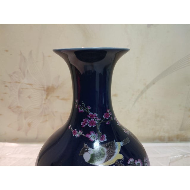 Ceramic A Pair of Chinese Old Ceramic Vase,Qing Dynasty Qianlong Marked Blue Ground Famille Rose Porcelain Yuhuchun Vase Flowers and Birds Pattern For Sale - Image 7 of 11