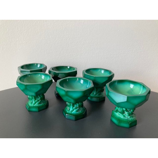 Art Deco Green Malachite Geometric Glass Pedestal Master Salt Cellars or Egg Cup Holders- Set of 6 For Sale In New York - Image 6 of 11