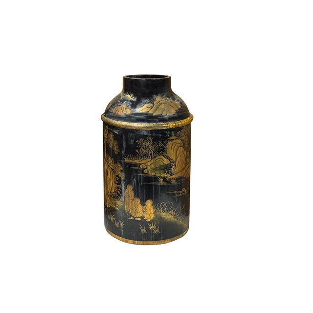 Capture the timeless elegance of Asian decorative arts with this exquisite antique Chinese export black lacquer canister...