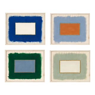 Neutral Abstract Geometric Art Prints in Green and Blue, 24 X 30 Prints in Wood Frames, Set of 4 For Sale