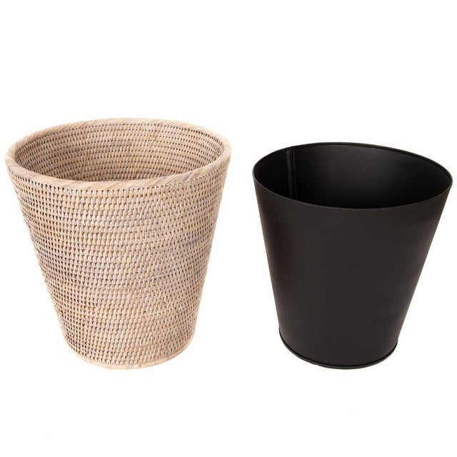 Artifacts Rattan Round Tapered Waste Basket with Metal Liner in White Wash - 12" For Sale - Image 4 of 7