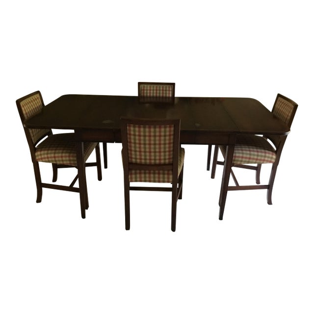 Vintage Brandt Mahogany Drop-Leaf Dining Table & Four Chairs With 21" Leaf and Custom Table Pads For Sale