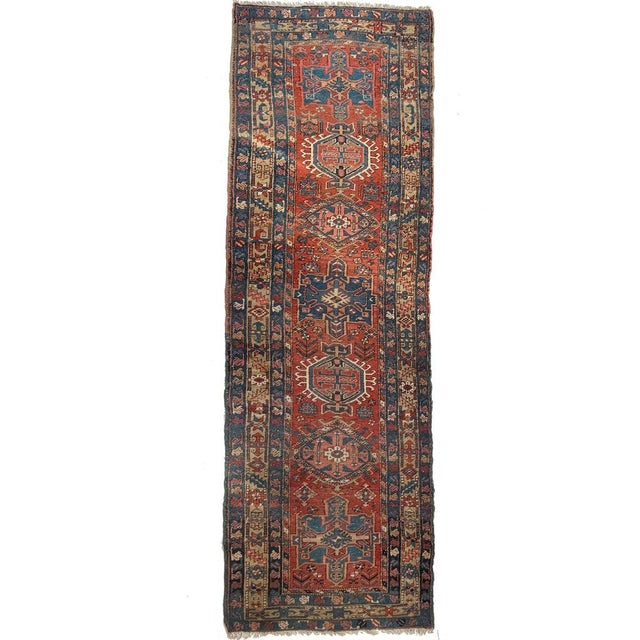 Antique Northwest Persian Heriz Runner Rust, Camel, French Blue Rug 3.4 x 10.6 For Sale - Image 11 of 12