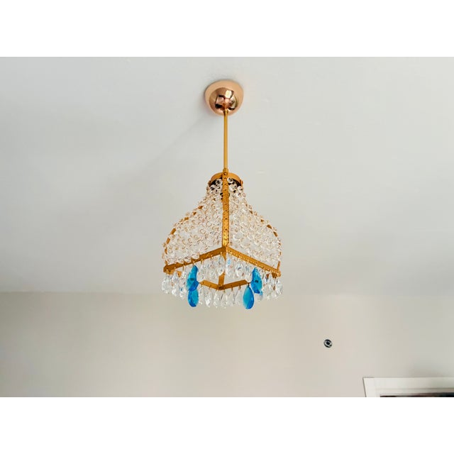Aqua Vintage French Empire Brass & Crystal Pendant Light With Aqua Blue Drops - Restored For Sale - Image 8 of 17