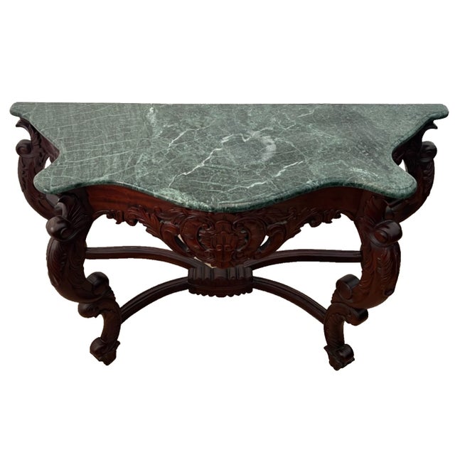 Victorian Vintage Victorian Rococo Revival Console Table Carved Mahogany, Green Marble Top For Sale - Image 3 of 13