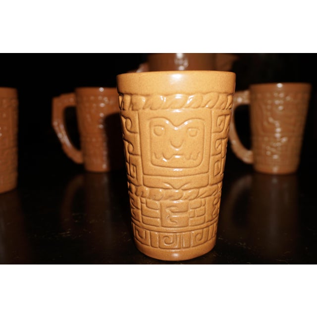 Tan Vintage Spanish Revival Embossed Ceramic Pitcher & Four Mugs – 5 pcs For Sale - Image 8 of 9