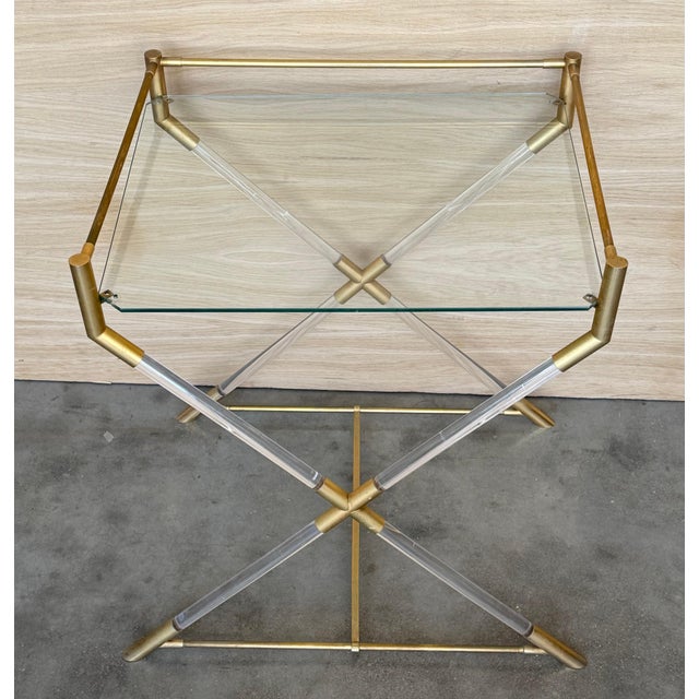 Mid Century Modern Serving or Side Table in Brass and Lucite with X Form For Sale - Image 12 of 18