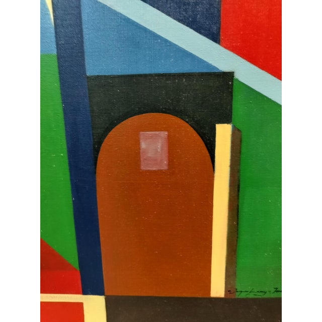 Jacques Lamy Colorful Mid Century Modern Color Block Painting of St Martin Church by Jacques Lamy For Sale - Image 4 of 10