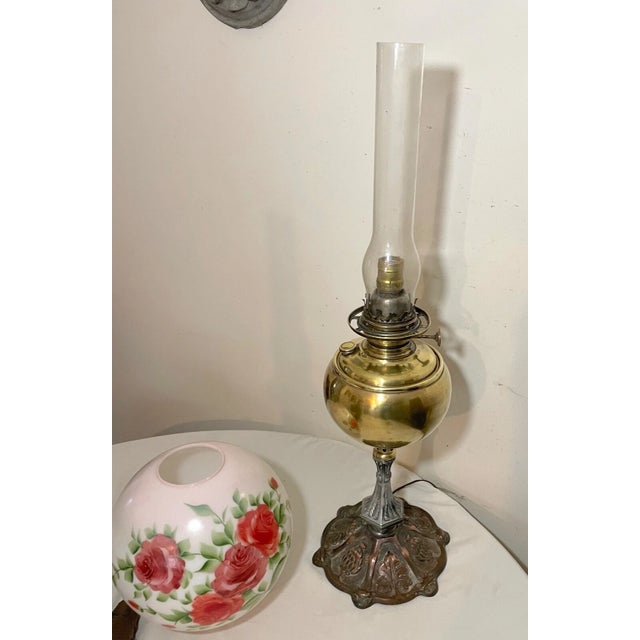 Large Antique Ornate 1800s Brass Glass Electrified Oil Table Parlor Banquet Lamp For Sale - Image 9 of 12
