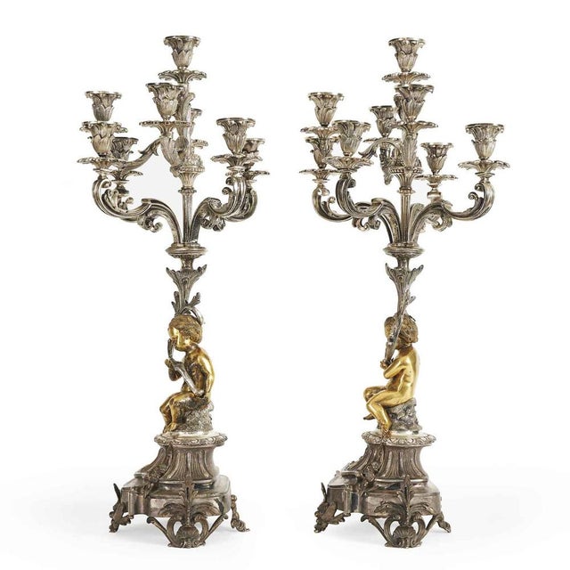 Silver and Gilded Bronze 8-Layer Table Candelabras, Set of 2 For Sale - Image 3 of 9