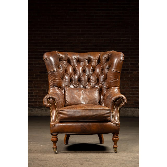 Traditional Vintage Tufted Leather Highback Armchair With Lumbar Pillow in Brown For Sale - Image 3 of 11