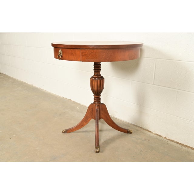 Baker Furniture Company Baker Furniture Style Georgian Carved Walnut Pedestal Drum Side Table or Tea Table, Circa 1960s For Sale - Image 4 of 13
