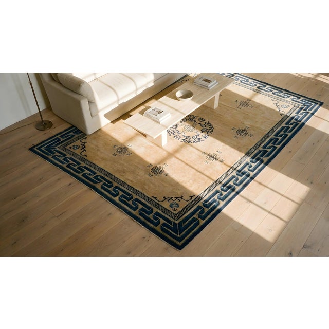 Sublime Rose Color With Peculiar Geometric Desing Antique Chinese Peking Rug For Sale - Image 17 of 17