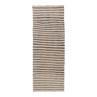 Vintage Turkish Kilim Runner Brown Stripe Ivory Neutral Wool Flatweave For Sale