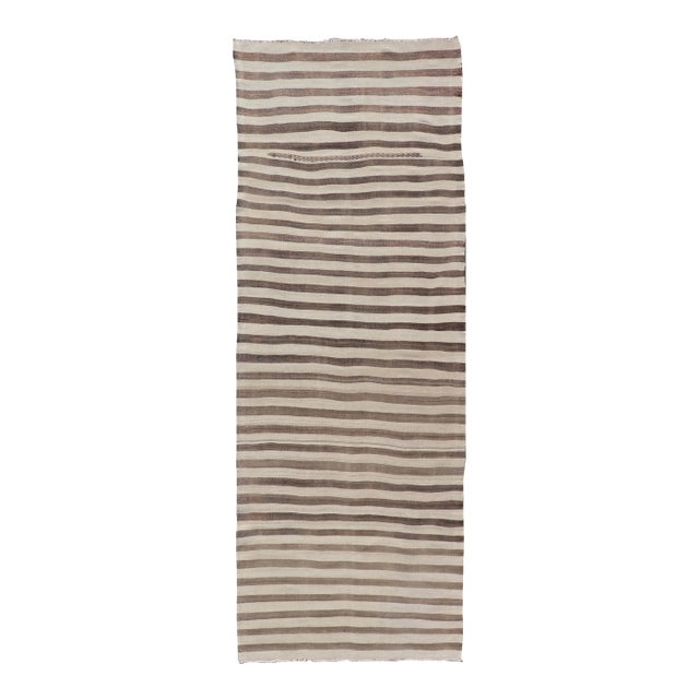 Vintage Turkish Kilim Runner Brown Stripe Ivory Neutral Wool Flatweave For Sale
