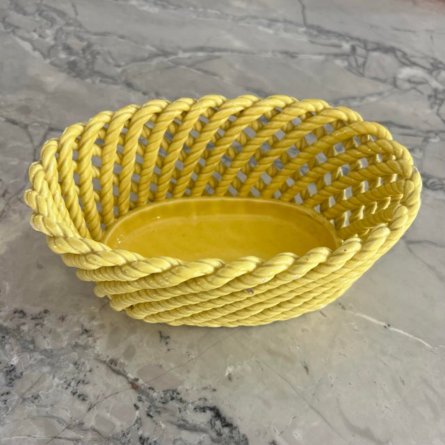 Yellow Bright Yellow Vintage Ceramic Braided Basket Made in Spain For Sale - Image 8 of 9