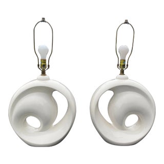 1960s White Ceramic Symmetrical Round Tables Lamps - a Pair For Sale