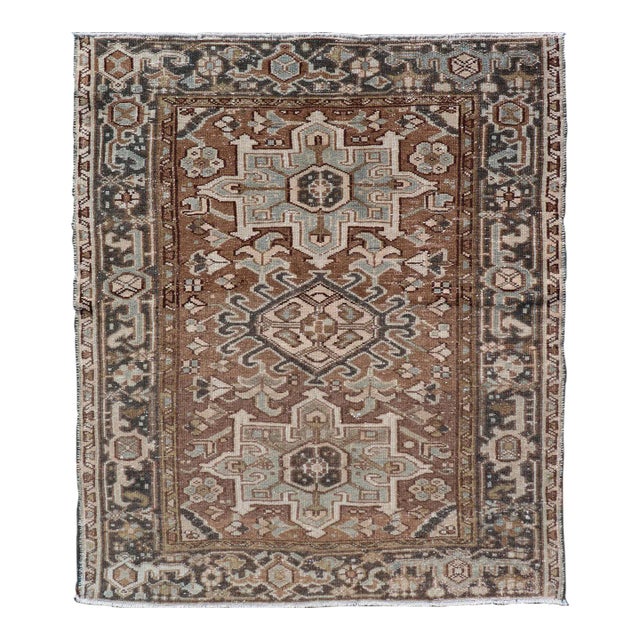 Antique Persian Heriz Rug With Geometric Medallion Design in Mocha, Blue, & Tan For Sale