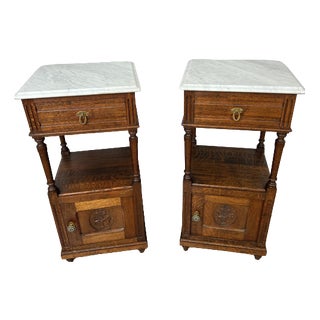 French Bedside Tables in Carved Oak with Marble Top, Set of 2 For Sale