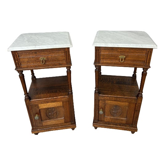 French Bedside Tables in Carved Oak with Marble Top, Set of 2 For Sale
