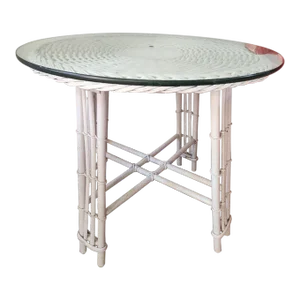 Mid 20th Century Vintage White Woven Wicker and Bamboo Side Table With Glass Top