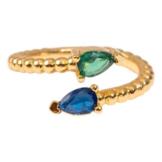 Sapphire & Emerald Teardrop Glow Gold Adjustable Ring, Size 8 For Sale