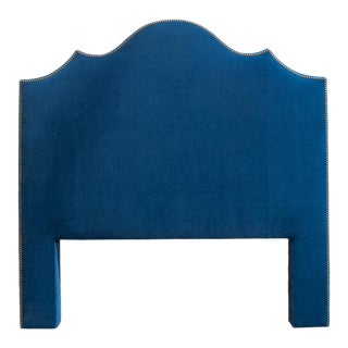Blue Mohair Queen Headboard With Nailhead Trim For Sale