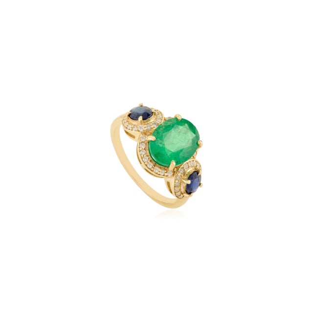 Contemporary 14k Emerald Sapphire & Diamond Gold Wedding Ring Size 5 For Sale - Image 4 of 14