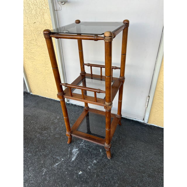 Three-Tier Faux Bamboo & Smoke Glass Etagere Shelf For Sale In West Palm - Image 6 of 6