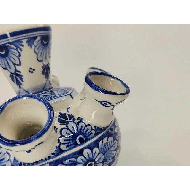 1990s Vintage Delft Blue 7 Arms Sprout Hand Painted Tulip Ceramic Vase For Sale - Image 5 of 8