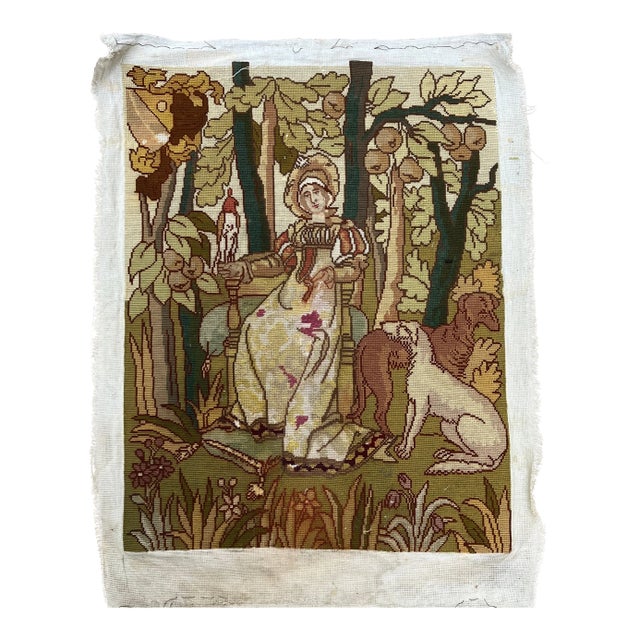 1920’s Hand Done Arts & Crafts Large Needlepoint Woman & Her Dogs Tapestry For Sale