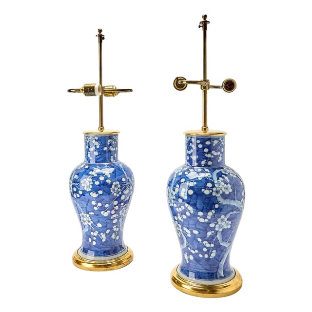 Mid 20th Century Blue and White Chinese Export Style Lamps With Custom Gilt Bases - Pair For Sale