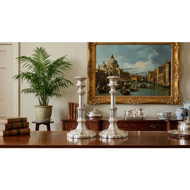 Pair of beautiful English plate silver candlesticks or candle holders with a weighted base. They are height adjustable,...