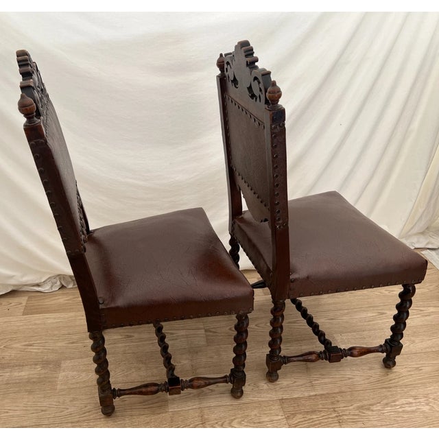 Antique Gothic Side Chairs Set of Two Barley Twist Legs Hand Carved Solid Oak For Sale In Palm Springs - Image 6 of 13