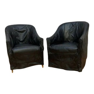 Vintage Mario Bellini Style Black Italian Draped Leather Barrel Back Club Chairs by Neidermier - Pair For Sale