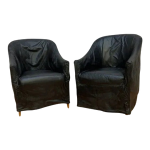 Vintage Mario Bellini Style Black Italian Draped Leather Barrel Back Club Chairs by Neidermier - Pair