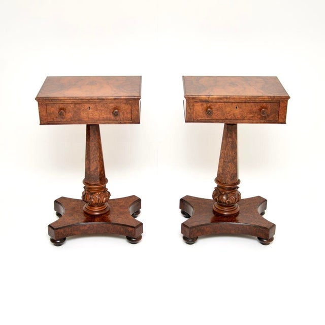 An exceptional pair of antique William IV burr walnut side tables. They were made in England, they date from around the...