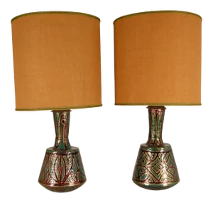 Art Deco French Table Lamps Camille Faure Enamel on Copper Iridescent Cloisonne Lamps - a Pair
