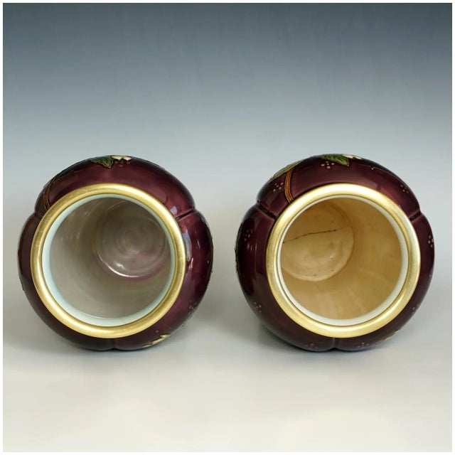 Pair of Large Antique French Sevres Optat Milet Ceramic Vases Art Nouveau Flowers Purple Ground For Sale - Image 11 of 12