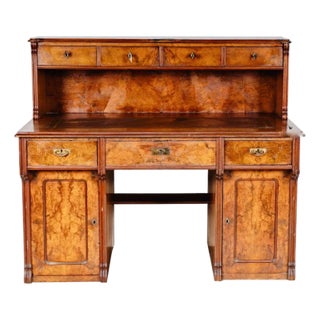Continental English Regency Revival Flame Burl Walnut Partner’s Desk With Gallery Back, Locking Drawers & Cabinet Pedestals 1920–1940 For Sale