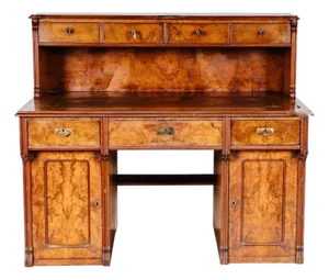 Continental English Regency Revival Flame Burl Walnut Partner’s Desk With Gallery Back, Locking Drawers & Cabinet Pedestals 1920–1940