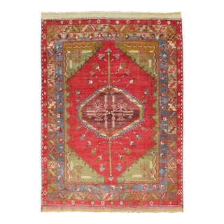 Antique Turkish Medallion Oushak Rug in Red, Green and Blue 6'0 X 8'6 For Sale