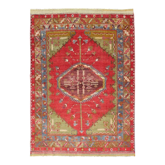 Antique Turkish Medallion Oushak Rug in Red, Green and Blue 6'0 X 8'6 For Sale